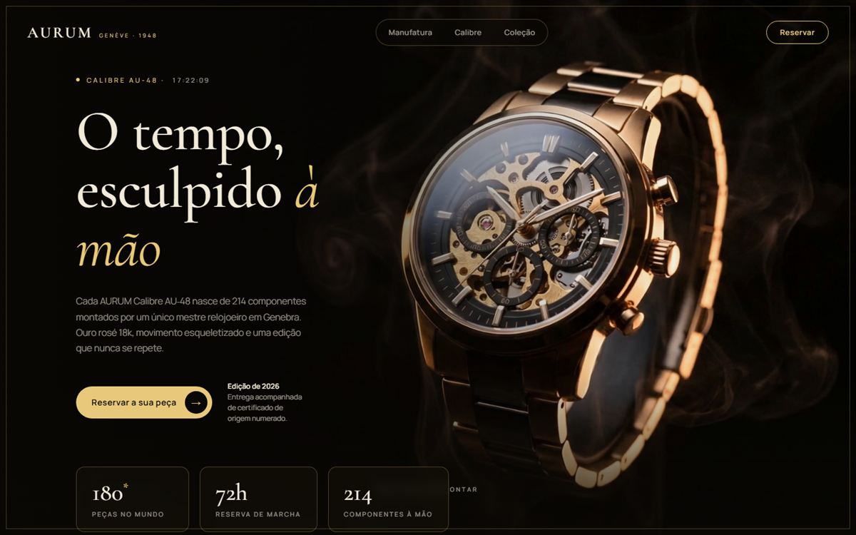 Projeto AURUM num ecrã de computador: fotografia de um relógio esqueletizado sobre fundo escuro, com o título «O tempo, esculpido à mão» e três indicadores — 180 peças no mundo, 72 h de reserva de marcha, 214 componentes à mão.