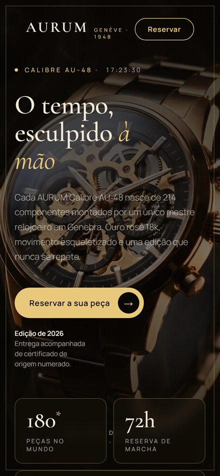 A mesma página vista num telemóvel, com o texto, o botão e os indicadores reorganizados para o ecrã estreito.