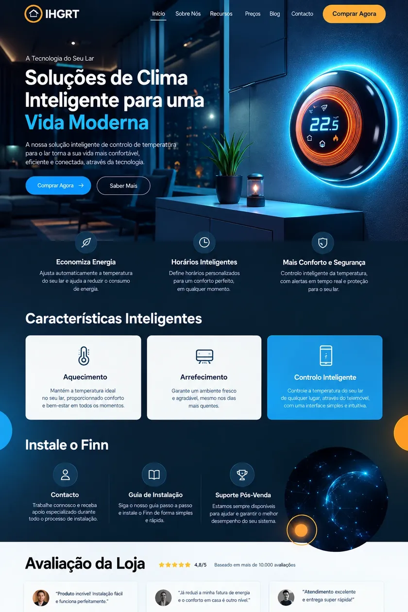 Exemplo de landing page para uma solução de climatização inteligente: título «Soluções de Clima Inteligente para uma Vida Moderna», botão de compra, três vantagens, características do produto, passos de instalação e avaliações de clientes.